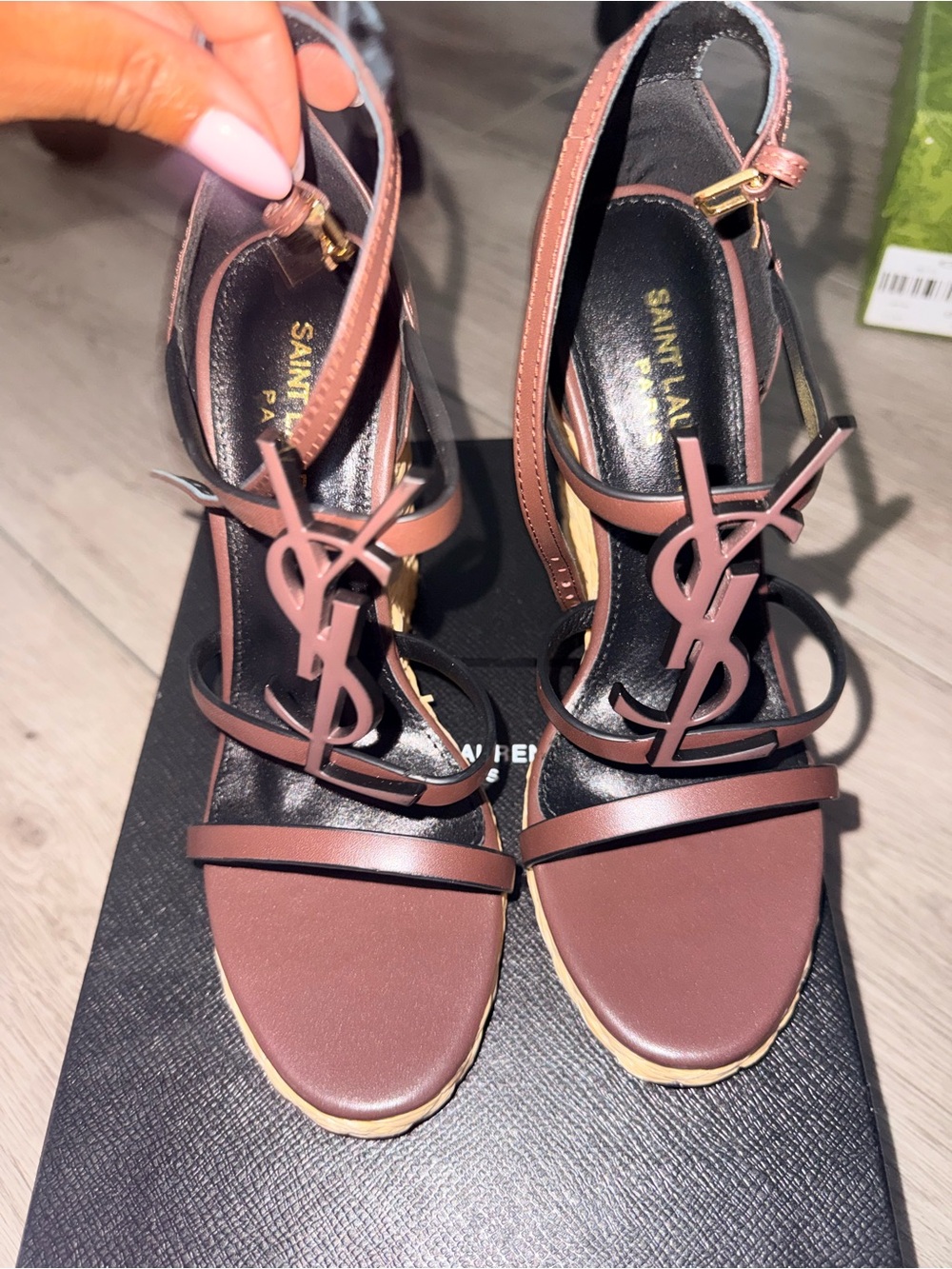 Saint Laurent Mauve Brown YSL Logo Strap Heels